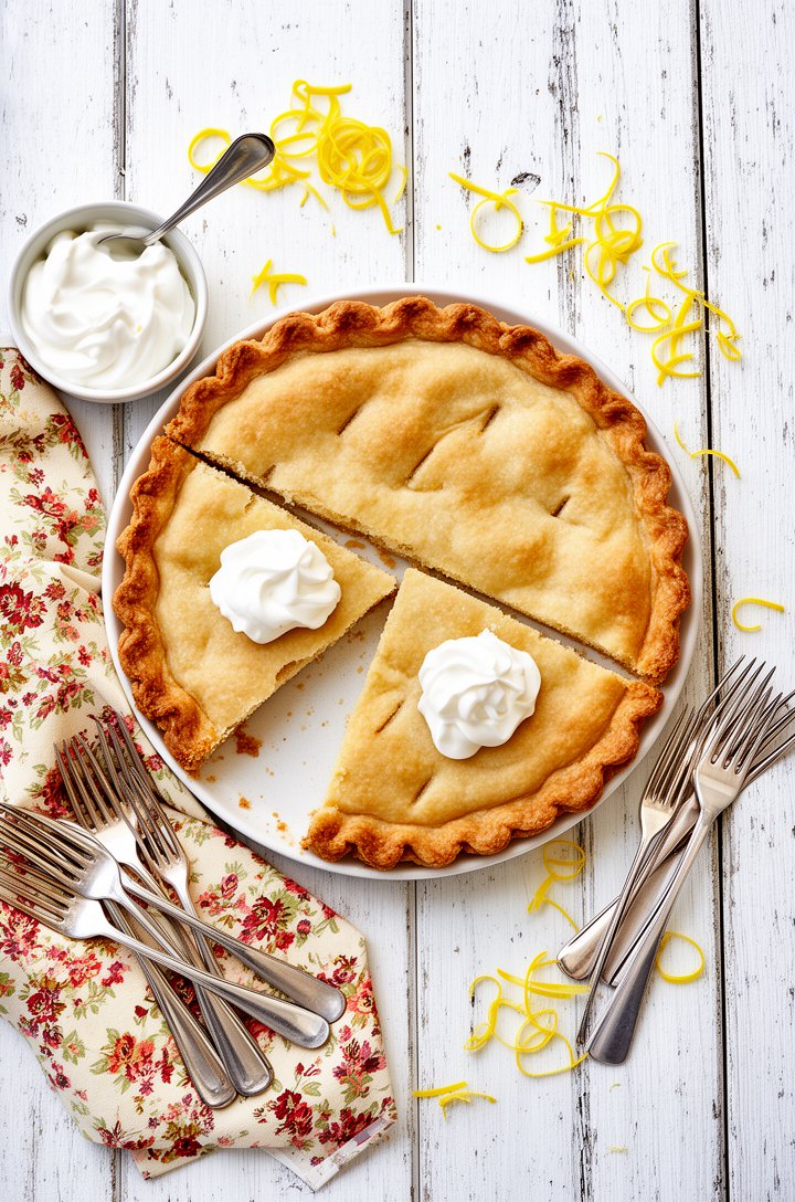 Overhead flat-lay of a chess pie with two slices removed, dollops of freshly whipped cream on each slice, a small bowl of whipped cream with a spoon beside the pie, scattered lemon zest curls, vintage