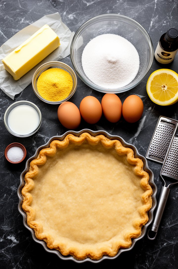 Overhead flat-lay of all chess pie ingredients arranged on a dark marble surface: a stick of butter on parchment paper, a glass bowl of granulated sugar, a small ramekin of yellow cornmeal, four brown eggs in a row, a small glass of buttermilk, a halved lemon with a microplane zester beside it, a bottle of vanilla extract, and an unbaked pie crust in a fluted metal pie dish. Bright natural window light from above, clean styling with small pinch bowls of salt and flour, professional food photography
