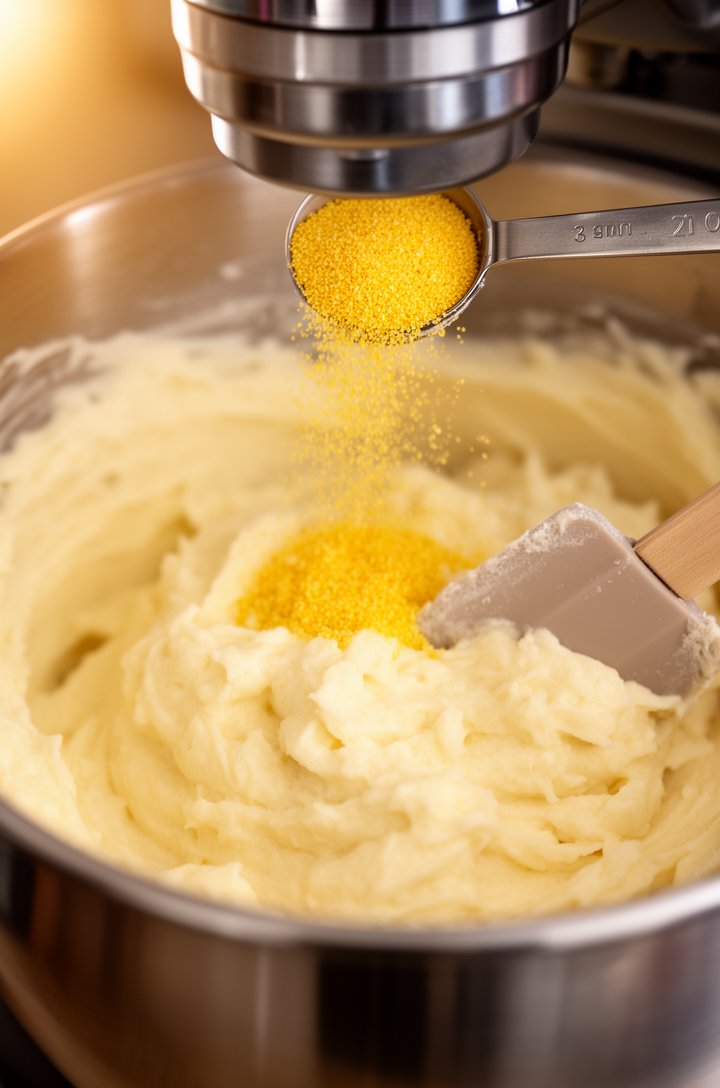 Close-up of pale fluffy creamed butter and sugar mixture in a stand mixer bowl, a rubber spatula resting on the edge showing the light airy texture, yellow cornmeal being sprinkled in from a measuring spoon above, warm kitchen lighting from the left, stainless steel mixer attachment visible at the top of frame, shallow depth of field