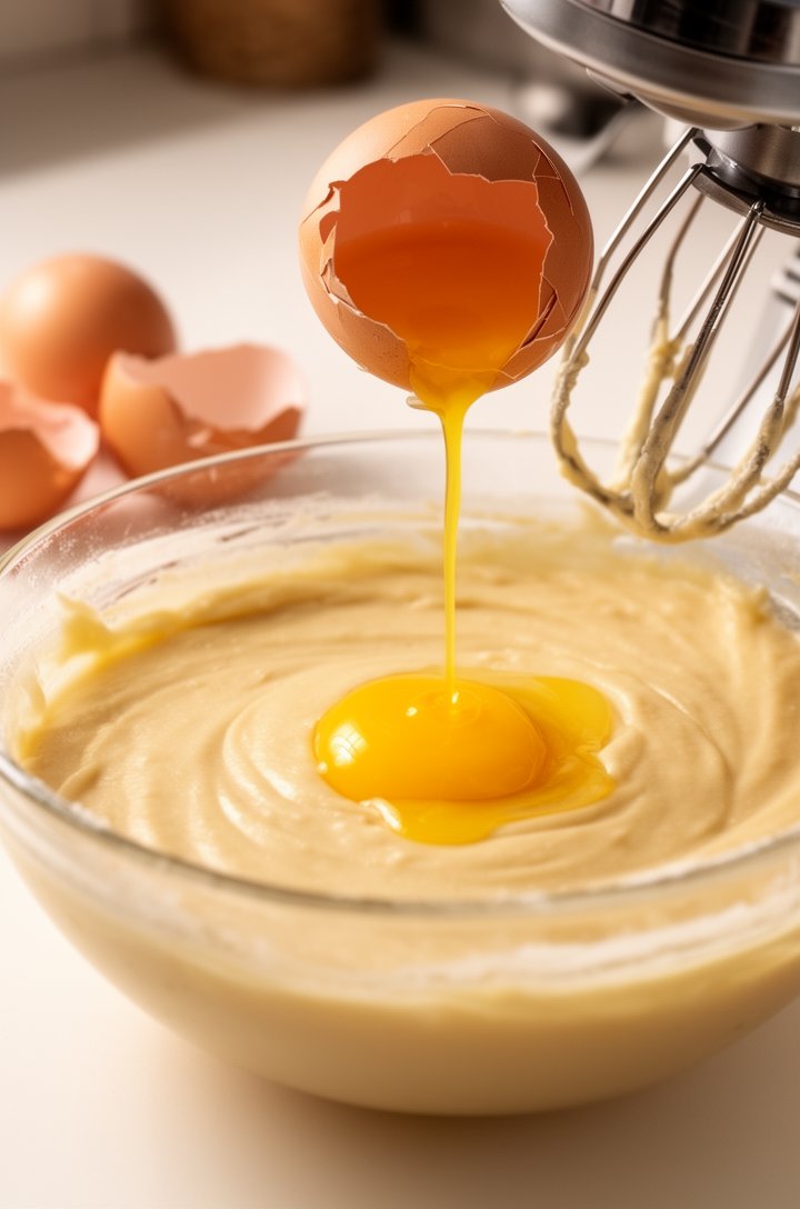 Side-angle shot of a cracked egg being added to the mixer bowl, the yolk sliding into the pale batter below, three empty egg shells on the counter beside the mixer, the mixture looking smooth and glossy, warm ambient kitchen lighting, clean white countertop surface