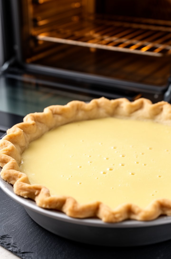 45-degree angle of the assembled chess pie before baking, smooth pale yellow filling inside the crimped pie crust, the surface perfectly level with tiny air bubbles being tapped out, the oven door open in the background with the rack visible, warm lighting, pie dish sitting on a dark slate surface
