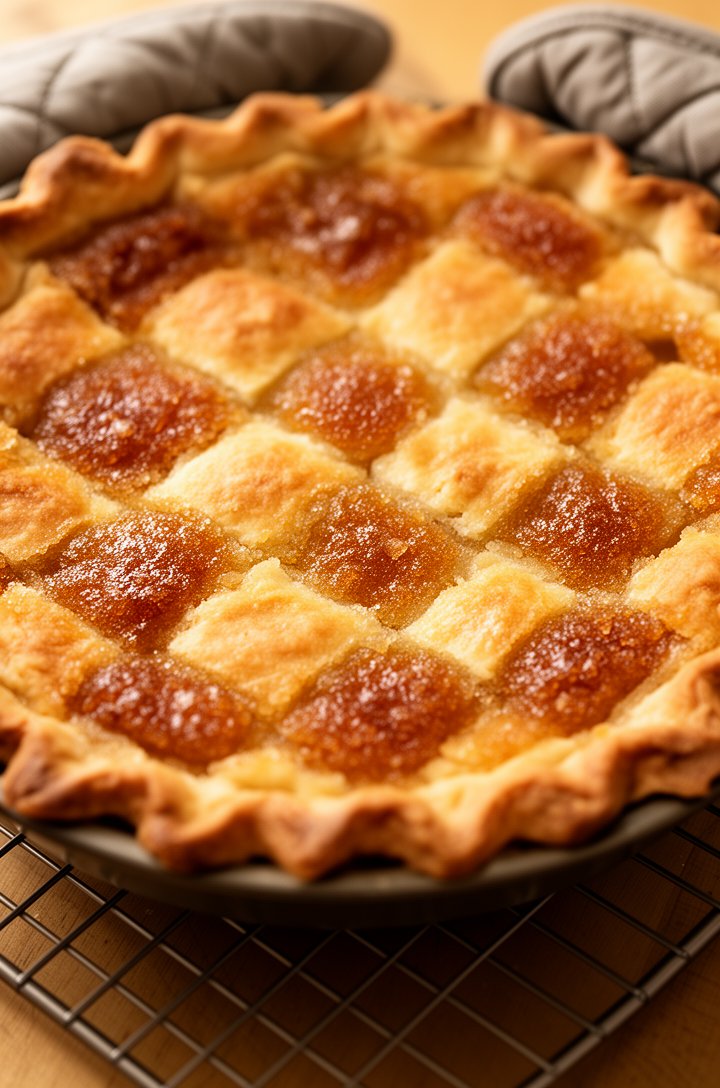 Close-up of the chess pie fresh from the oven, the top deeply golden brown with natural crackly caramelized sugar surface, edges puffed up slightly and set while the center has a gentle jiggle, oven mitts visible at the edge of frame, warm golden lighting, the pie sitting on a wire cooling rack on a wooden countertop