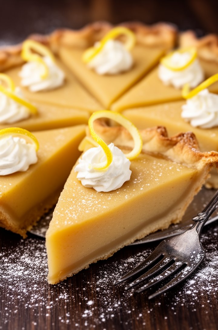 Overhead close-up of a perfectly sliced chess pie showing clean triangular slices, the dense smooth custard filling visible in cross-section, each slice topped with a small dollop of whipped cream and a thin lemon curl, a dessert fork resting beside one slice, powdered sugar dusted over the scene, warm natural lighting, dark wood table surface, professional food styling