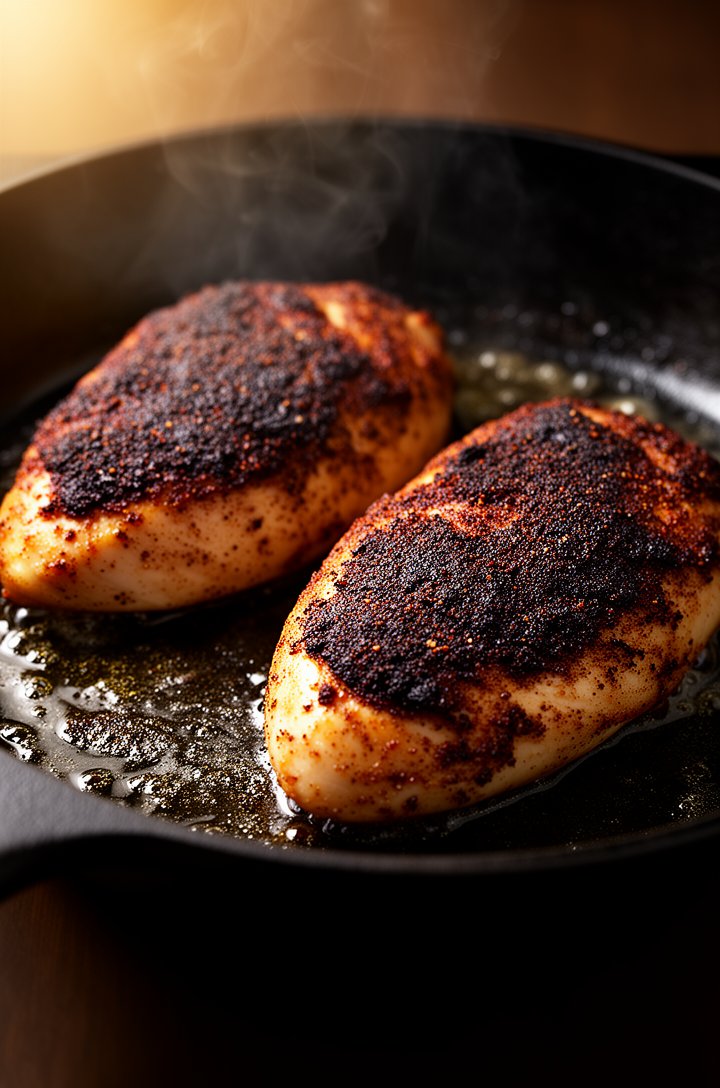 Close-up 45-degree angle shot of two chicken breasts searing in a dark cast iron skillet, dark blackened Cajun crust forming on the surface with visible spice coating, oil shimmering around the edges,
