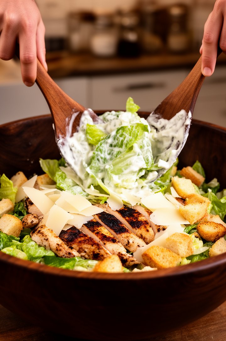 Side-angle shot of the finished chicken Caesar salad being tossed in a large dark wooden bowl, hands using wooden salad servers to lift romaine leaves coated in creamy dressing, sliced blackened chick