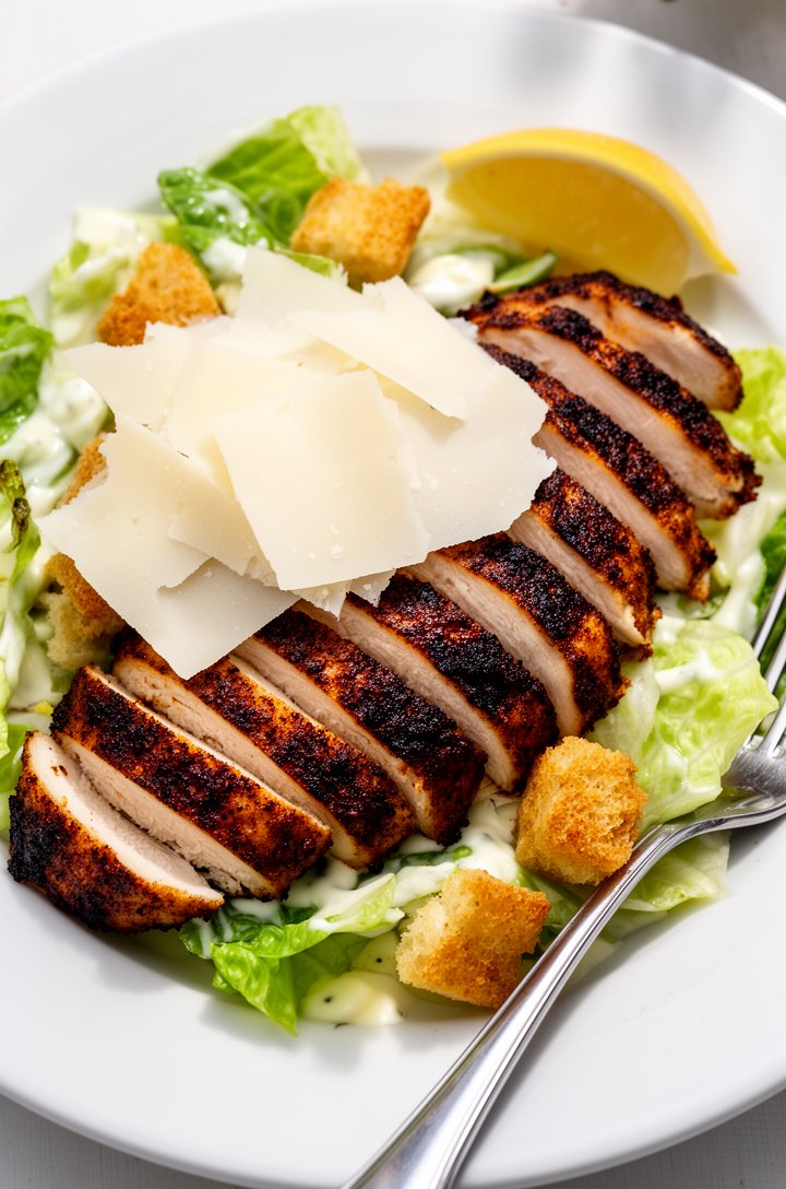 Close-up overhead shot of a plated chicken Caesar salad on a white ceramic plate, thick slices of blackened chicken fanned across the top showing the juicy interior and dark Cajun crust, romaine leave