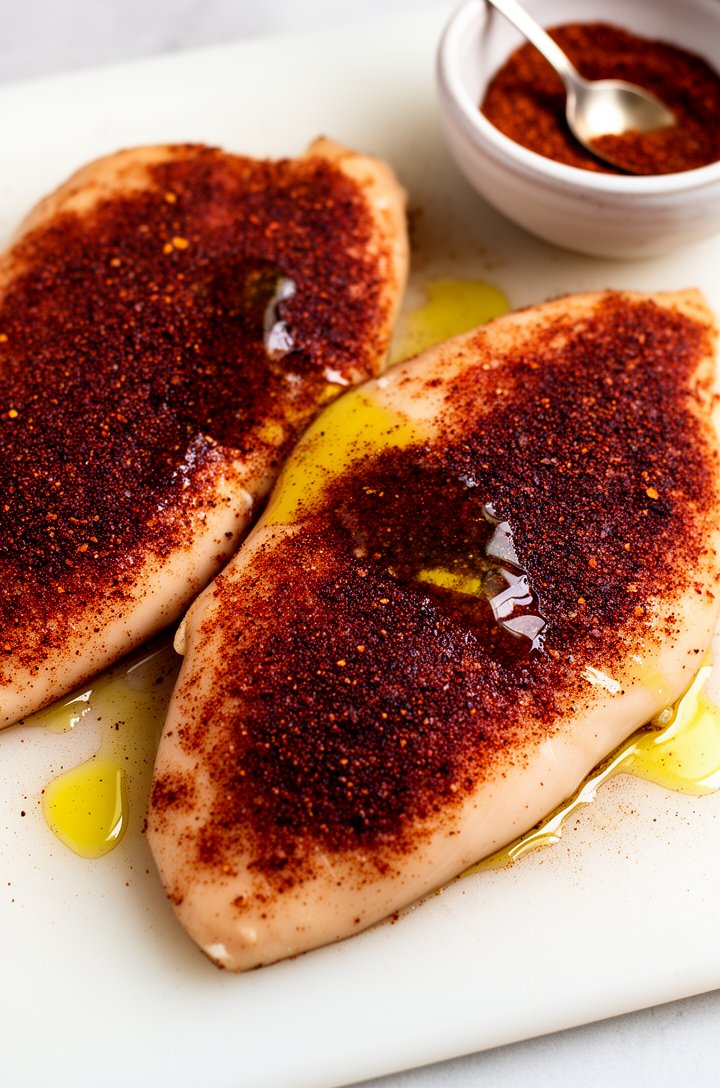 45-degree angle shot of raw chicken breasts coated in dark red-brown Cajun seasoning on a white cutting board, both sides visibly covered in spice, a small bowl of Cajun seasoning nearby with a spoon, olive oil drizzled on top glistening, bright natural light