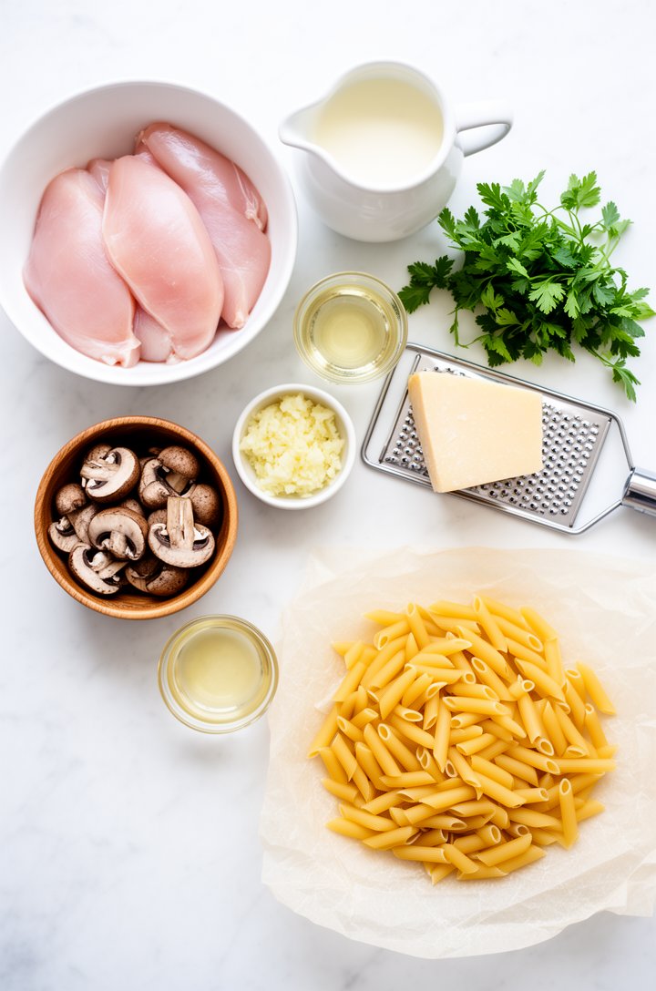 Overhead flat-lay of recipe ingredients arranged on a white marble countertop: a white bowl of sliced raw chicken breast, a small wooden bowl of sliced cremini mushrooms, a ramekin of minced garlic, a