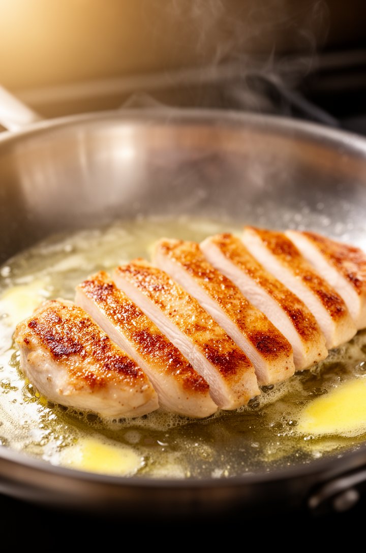 Close-up side-angle shot of thinly sliced chicken pieces searing in a stainless steel skillet, golden-brown caramelized crust forming on the bottom of each slice, butter and oil shimmering around the 