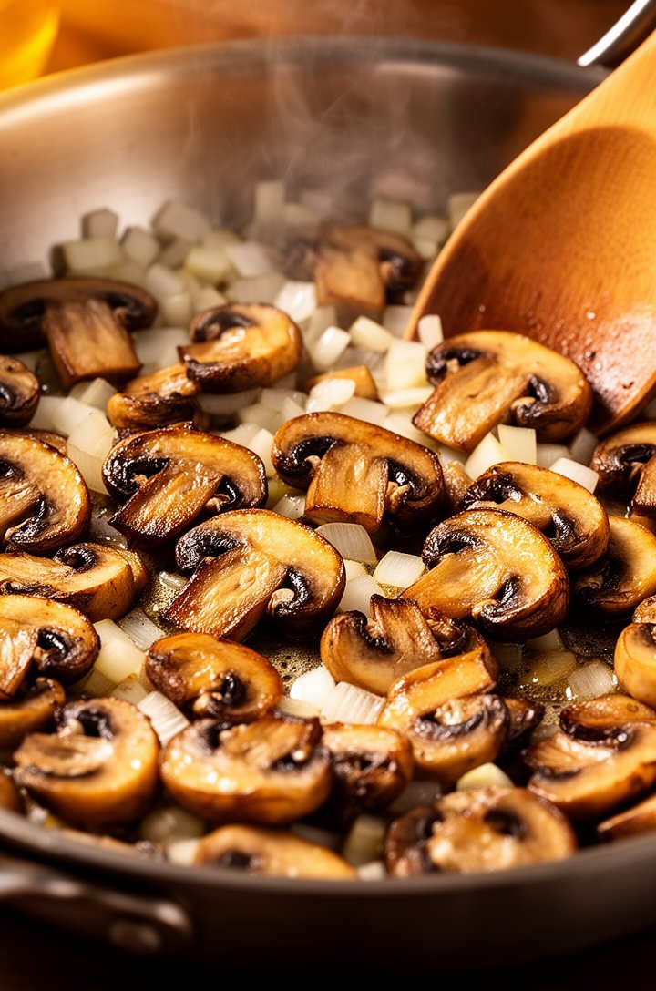 Extreme close-up of golden-brown sliced cremini mushrooms being sautéed in a stainless steel skillet with diced white onion, the mushrooms have deep caramelized edges and are glistening with butter, a