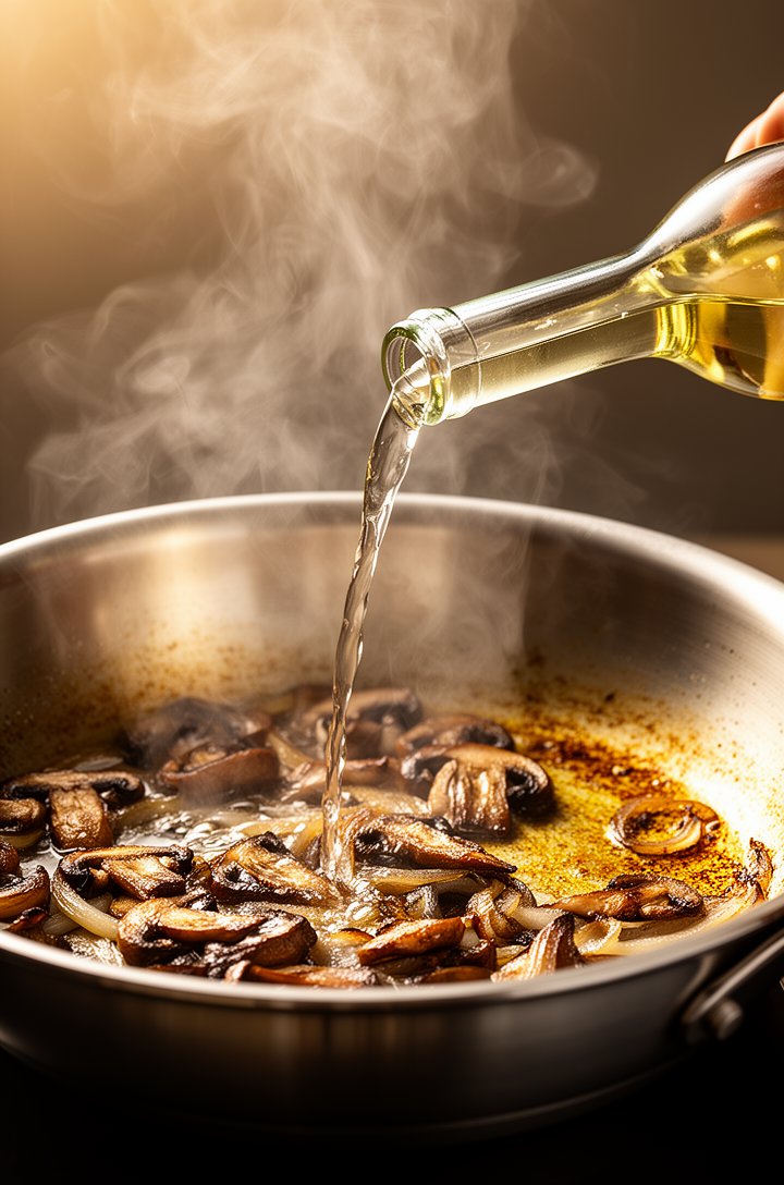 Side-angle medium shot of white wine being poured into a hot stainless steel skillet with caramelized mushrooms and onions, dramatic sizzle and steam cloud rising from the pan, golden brown fond visib