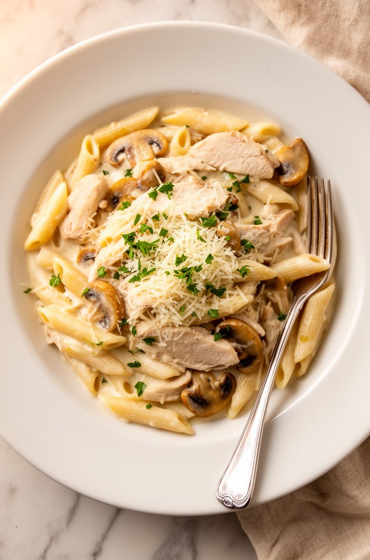 Overhead close-up of the finished creamy chicken mushroom pasta served in a wide white ceramic bowl, penne pasta generously coated in glossy ivory cream sauce, tender sliced chicken pieces and golden