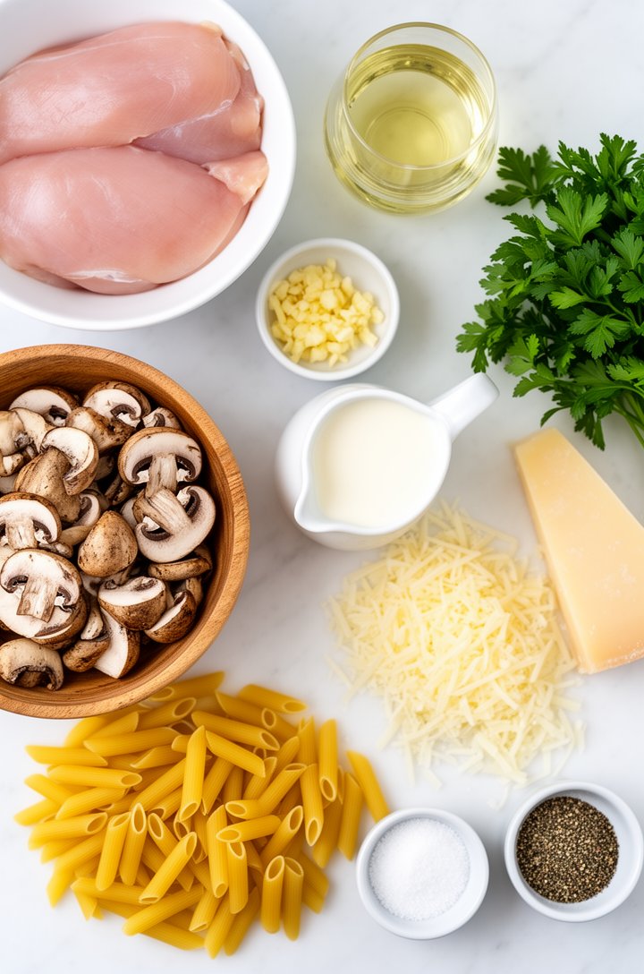 Overhead flat-lay of all chicken mushroom pasta ingredients arranged neatly on a white marble surface: raw sliced chicken breast in a white bowl, sliced cremini mushrooms in a wooden bowl, minced garlic in a small ramekin, half cup of white wine in a clear glass, cream in a small pitcher, a wedge of parmesan with loose gratings, fresh parsley bunch, dried penne in a pile, small bowls of salt and pepper. Bright even natural lighting, clean food blog mise en place style