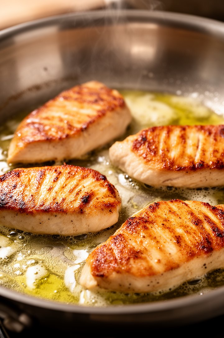 Close-up 30-degree angle of thinly sliced chicken breast pieces searing golden-brown in a stainless steel skillet with melted butter and olive oil, each piece showing a deep caramelized crust on the underside, rendered juices pooling around the edges, warm side lighting from the left casting small shadows, steam wisps visible, tight crop showing 4-5 chicken slices in sharp focus