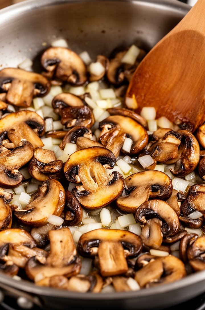 Close-up overhead shot of sliced cremini mushrooms cooking undisturbed in the same stainless steel skillet, deep golden-brown caramelization visible on the flat sides of the mushrooms, diced white onion softening between the mushroom pieces, glistening with butter, rich amber color developing, wooden spoon at the edge of frame