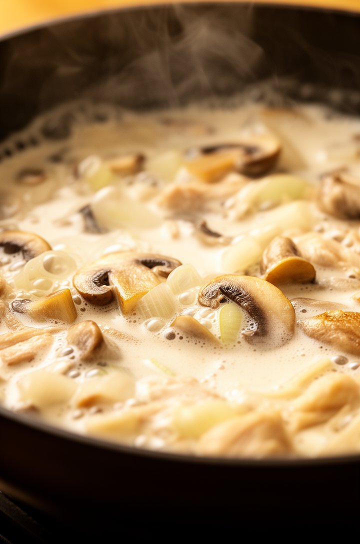 Medium close-up side angle of the creamy sauce stage — chicken stock and heavy cream simmering in the skillet with the mushrooms, the sauce slightly bubbling with a silky ivory consistency, visible pieces of softened onion and golden mushrooms peeking through the cream, warm golden lighting, shallow depth of field