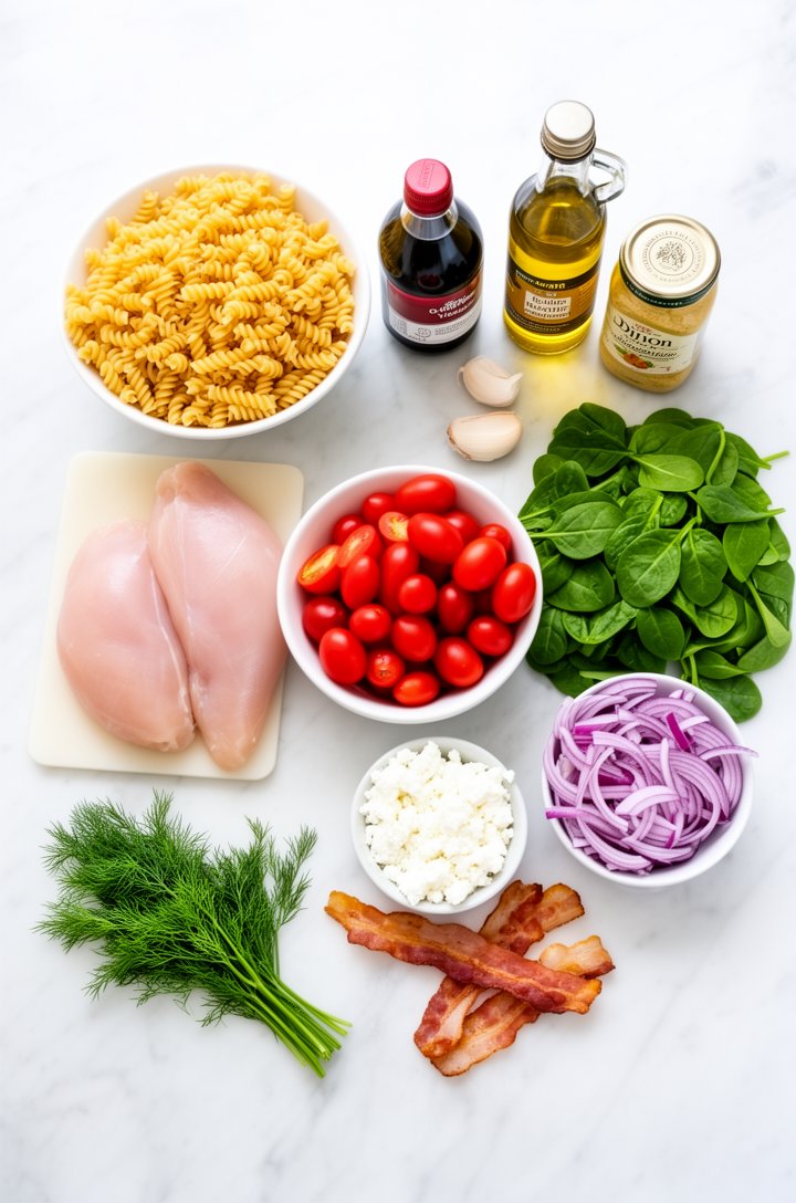 Overhead flat-lay of all chicken pasta salad ingredients arranged on a white marble surface before assembly — a mound of dry fusilli pasta, two raw chicken breasts on a small cutting board, a bowl of 
