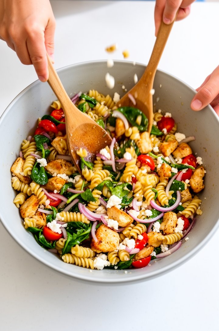 Action shot from above of hands tossing chicken pasta salad in a large light grey ceramic bowl with wooden salad servers, fusilli pasta glistening with vinaigrette, chunks of golden chicken, red tomat