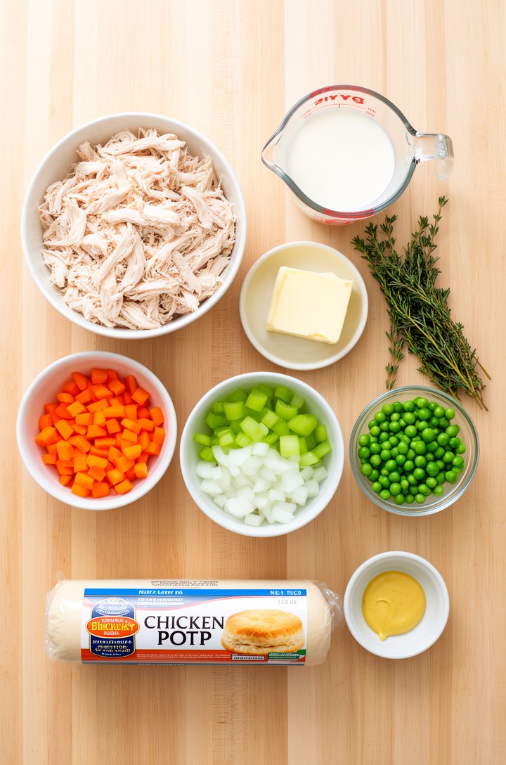 Overhead flat-lay of all chicken pot pie casserole ingredients arranged on a light butcher block countertop — a bowl of shredded chicken, small bowls of diced carrots, celery, and onion, a measuring c