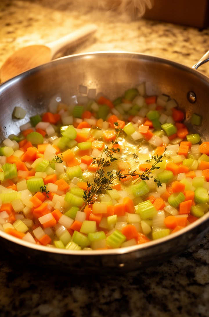 Close-up 45-degree angle shot of diced carrots, celery, and onion cooking in melted butter in a large stainless steel skillet, vegetables glistening and starting to soften, fresh thyme leaves visible 
