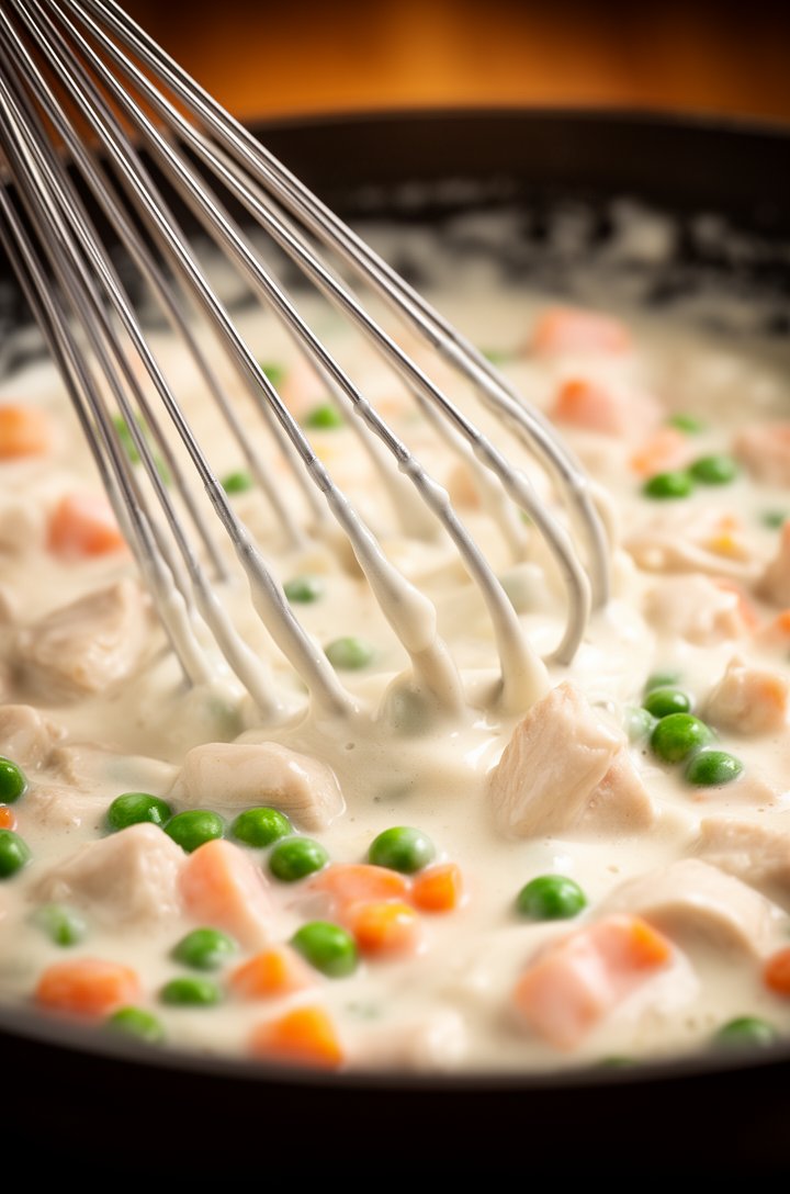 Extreme close-up macro shot of a whisk stirring thick creamy white sauce in a skillet, the sauce coating the whisk wires, visible chunks of chicken and bright green peas and orange carrot pieces folde