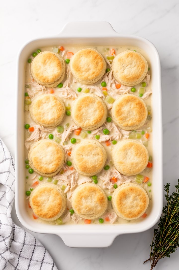 Overhead shot looking straight down into a white 13x9 ceramic baking dish filled with creamy chicken pot pie filling — shredded chicken, peas, carrots, and celery visible in a thick ivory sauce, raw b