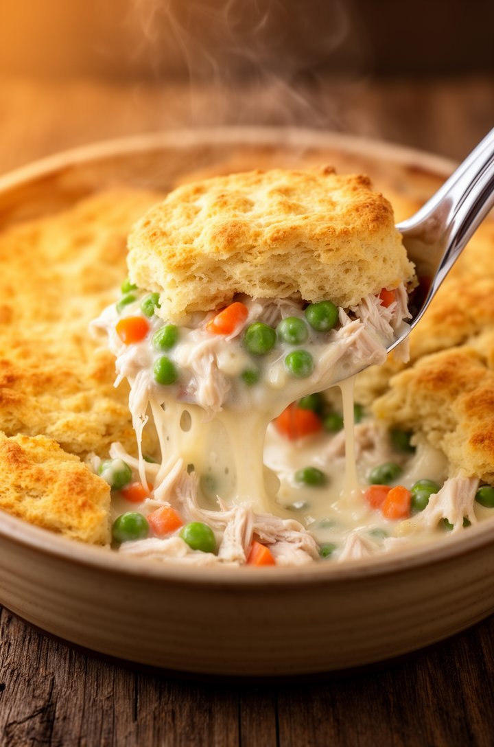 Close-up side-angle shot of the finished baked chicken pot pie casserole with a large spoon scooping out a generous portion, showing layers of golden-brown biscuit top, thick creamy filling with visib