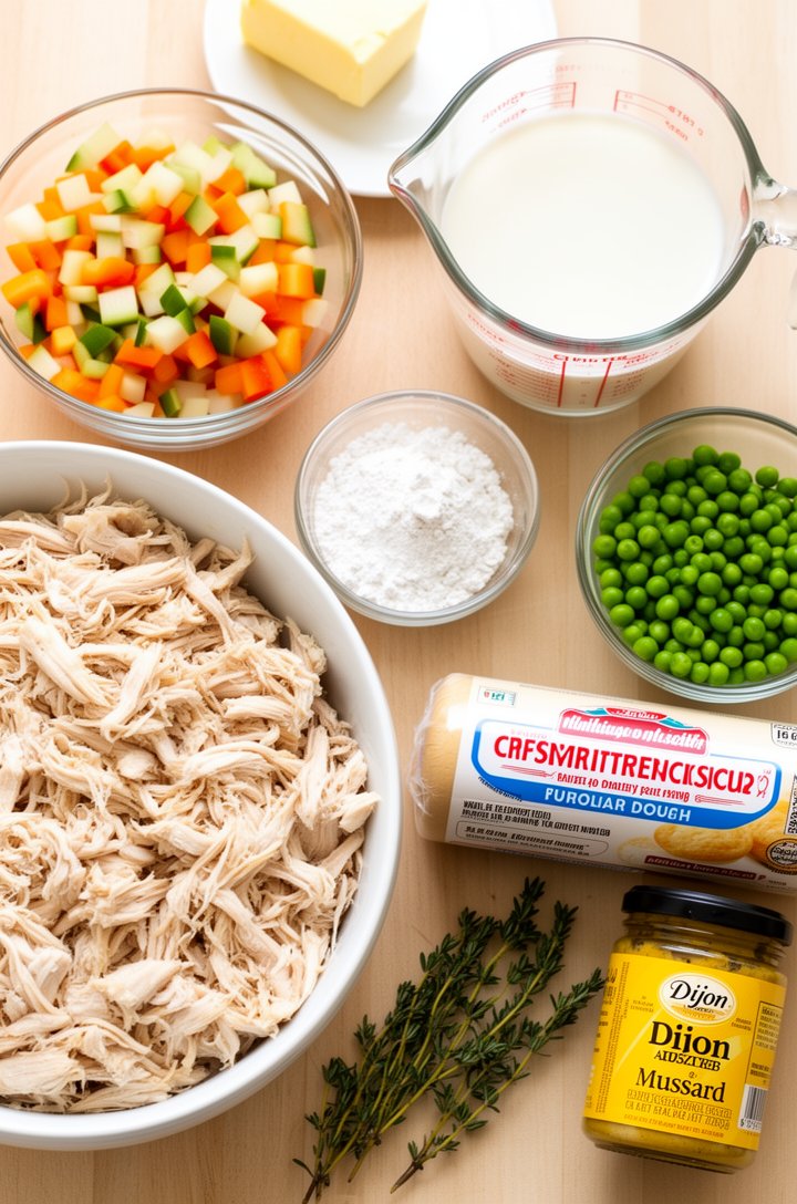 Overhead flat-lay of all ingredients for chicken pot pie casserole arranged neatly on a light wood surface — shredded chicken in a white bowl, diced mirepoix vegetables in separate small glass bowls, butter on a small plate, flour in a measuring cup, whole milk in a glass measuring pitcher, frozen green peas, a tube of refrigerated biscuit dough, fresh thyme sprigs, and a jar of Dijon mustard, bright even natural lighting from a window above, organized and appetizing