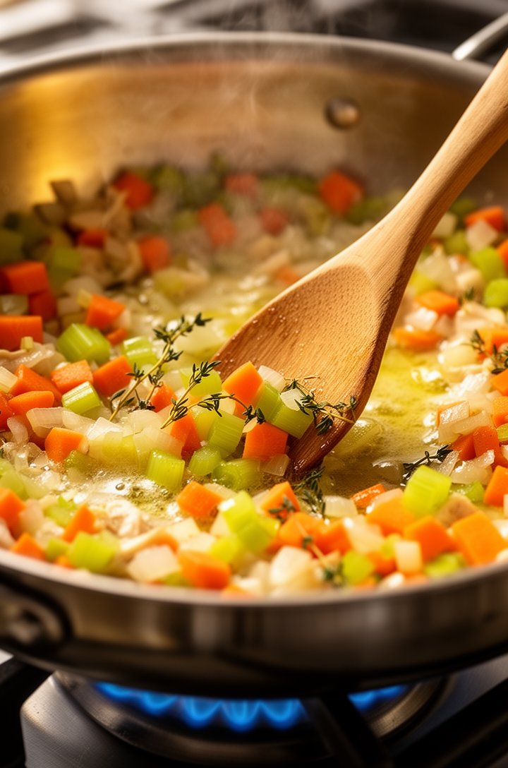 45-degree angle shot of diced carrots, celery, and onion sautéing in melted butter in a large skillet, the vegetables glistening and slightly softened, small pieces of fresh thyme scattered throughout, warm golden side lighting, gentle steam rising, a wooden spatula mid-stir, stainless steel skillet on a gas burner with soft blue flame visible underneath