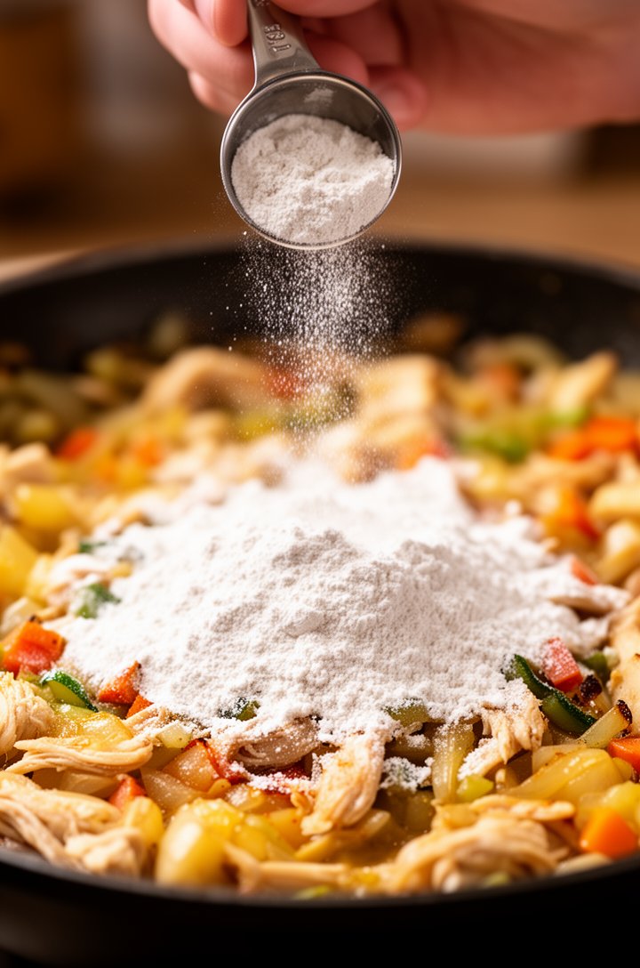 Close-up shot of flour being sprinkled over the cooked vegetables in the skillet, a light dusting of white powder coating the glistening vegetable pieces, a hand holding a measuring spoon visible at the top of frame, warm kitchen lighting, the start of the roux-building process