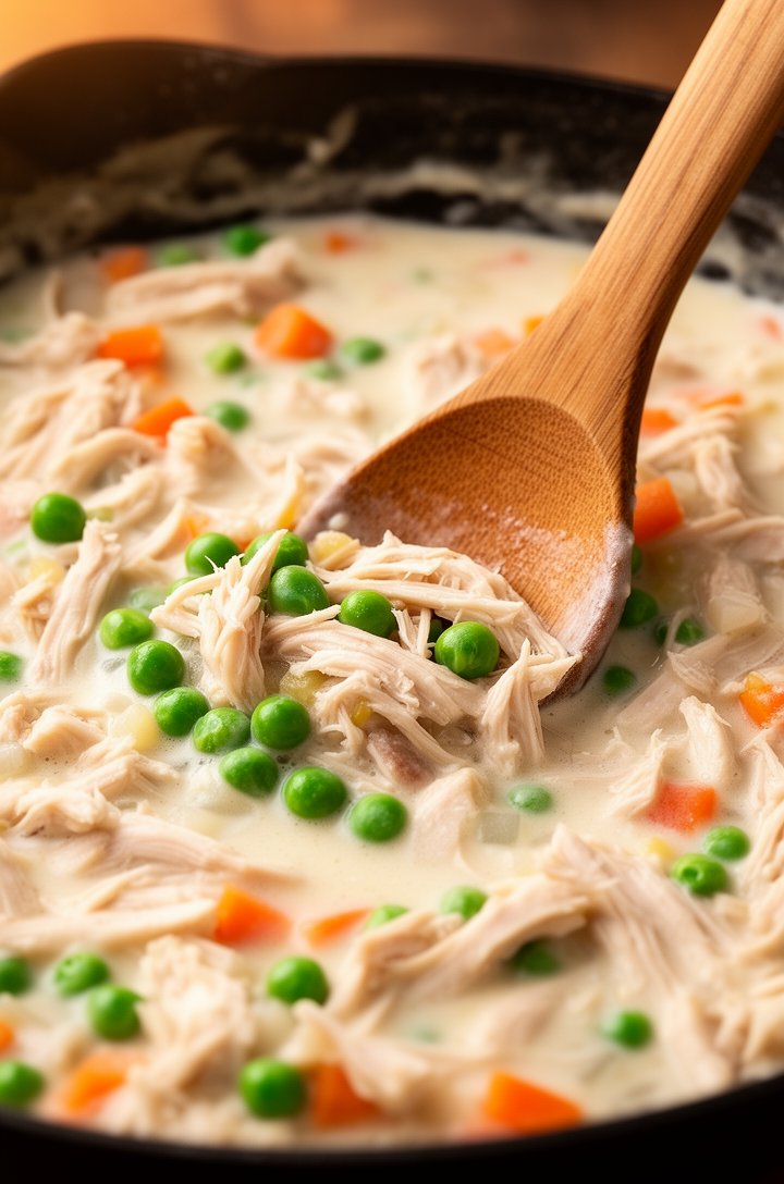 Extreme close-up of thick creamy sauce in the skillet after milk and broth have been whisked in, the sauce glossy and coating a wooden spoon being lifted from the surface, visible chunks of shredded chicken and bright green peas just folded in, orange carrot pieces, warm side lighting creating a beautiful sheen, shallow depth of field