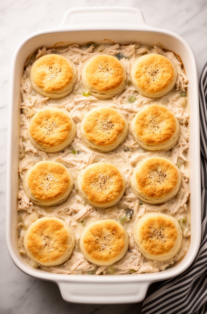 Overhead shot of the assembled casserole in a white 13x9 baking dish before going in the oven — creamy chicken filling spread evenly with raw biscuit dough rounds arranged on top in neat rows, the biscuits lightly dusted with salt and pepper, warm natural lighting, clean marble countertop, a striped kitchen towel beside the dish