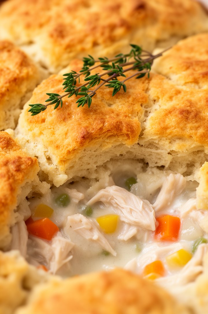 Extreme close-up macro shot of the finished baked chicken pot pie casserole, golden-brown biscuit tops with slightly crackled surfaces glistening with butter, creamy filling bubbling up between the biscuits showing chunks of chicken and bright vegetables, warm side lighting creating depth and texture, fresh thyme sprig garnish on top, fills 90% of the frame, professional food blog photography