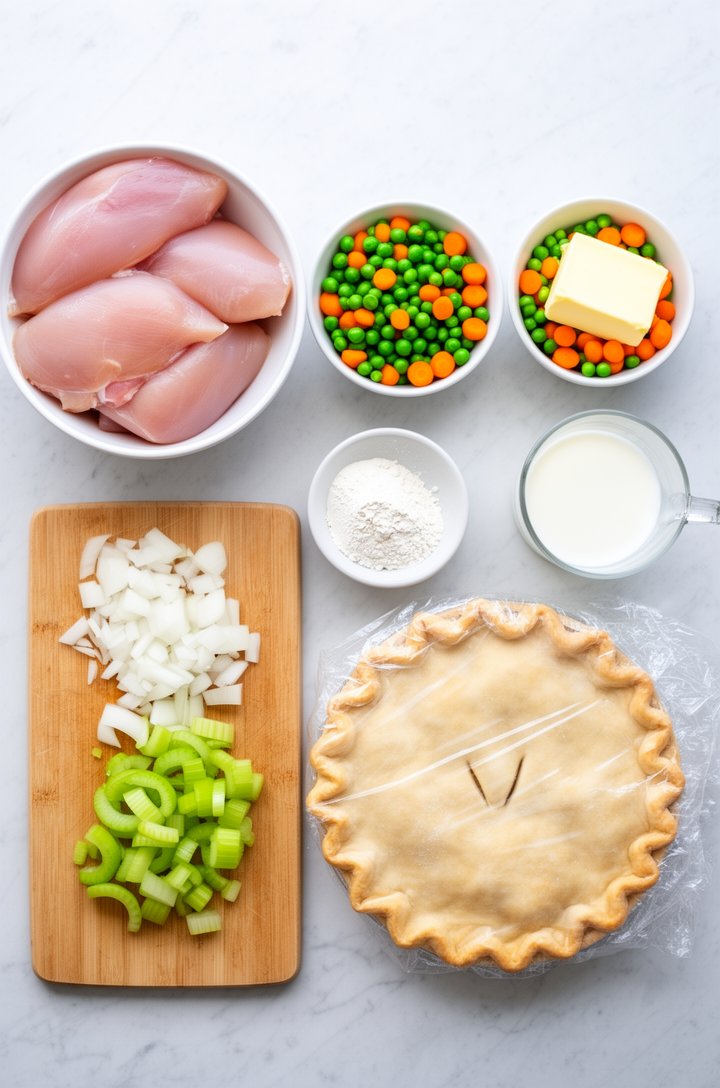 Overhead flat-lay of chicken pot pie ingredients arranged on a light marble countertop — a bowl of raw chicken breasts, small bowls of frozen mixed vegetables showing bright green peas and orange carr