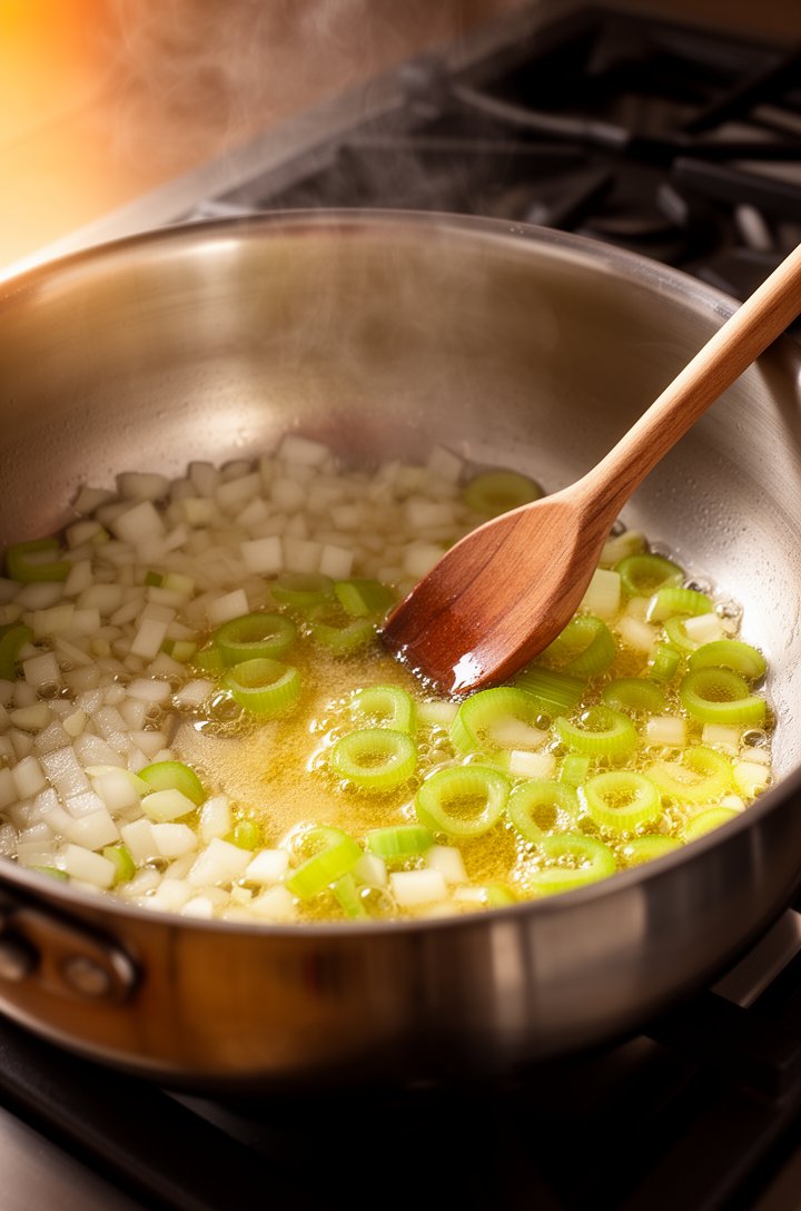 Close-up 45-degree angle shot of a large stainless steel saucepan on a gas stovetop, showing diced onion and sliced celery cooking in melted golden butter, the vegetables just turning translucent and 