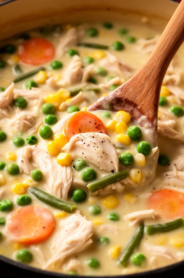 Extreme close-up macro shot of thick creamy chicken pot pie filling being stirred in a saucepan — chunks of white poached chicken, bright green peas, orange carrot rounds, yellow corn kernels, and gre
