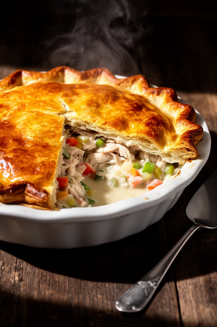 Side-angle dramatic shot of a whole baked chicken pot pie in a white ceramic pie dish, one generous wedge already cut and slightly pulled away revealing the thick creamy filling loaded with chicken an