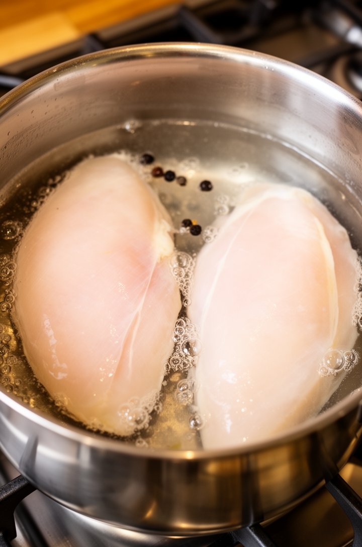 Overhead shot of two chicken breasts simmering in a large stainless steel saucepan filled with water, gentle bubbles breaking the surface, the chicken turning opaque white, a few peppercorns floating in the water, shot on a gas stovetop with warm ambient kitchen lighting, clean and bright, professional food photography