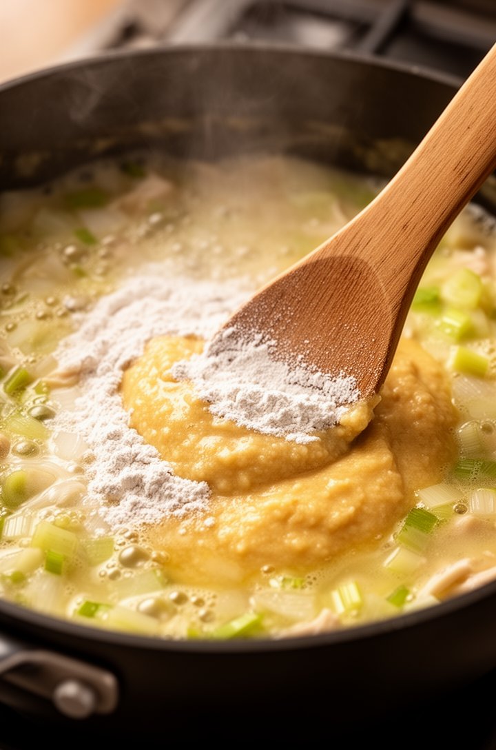 Close-up 45-degree angle of flour being stirred into bubbling butter, onions, and celery in a saucepan, forming a thick golden roux paste, the wooden spoon dragging through the mixture showing its thick consistency, warm tones, soft side lighting from the left, shallow depth of field with background blurred