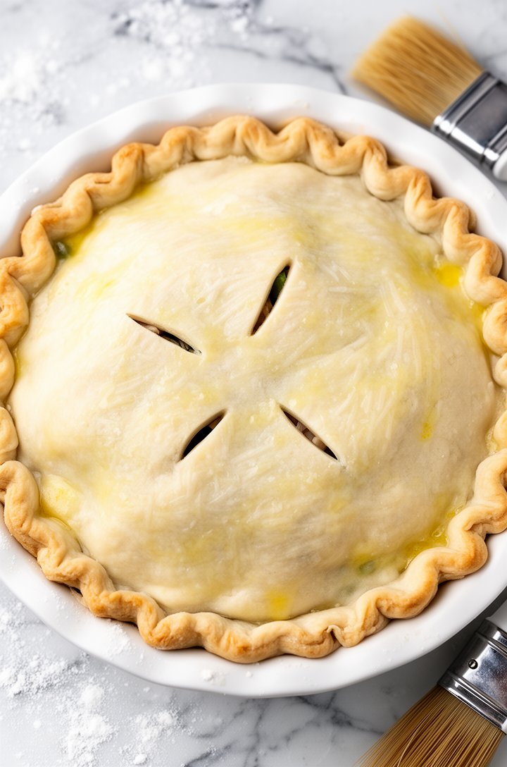 Top-down overhead shot of the unbaked chicken pot pie in a 9-inch white ceramic pie dish, the top crust draped over and crimped at the edges with fork marks, five small slits cut in the center venting steam, the pale raw dough showing a light egg wash brushed across the surface, set on a floured marble countertop with a pastry brush beside it, bright even lighting
