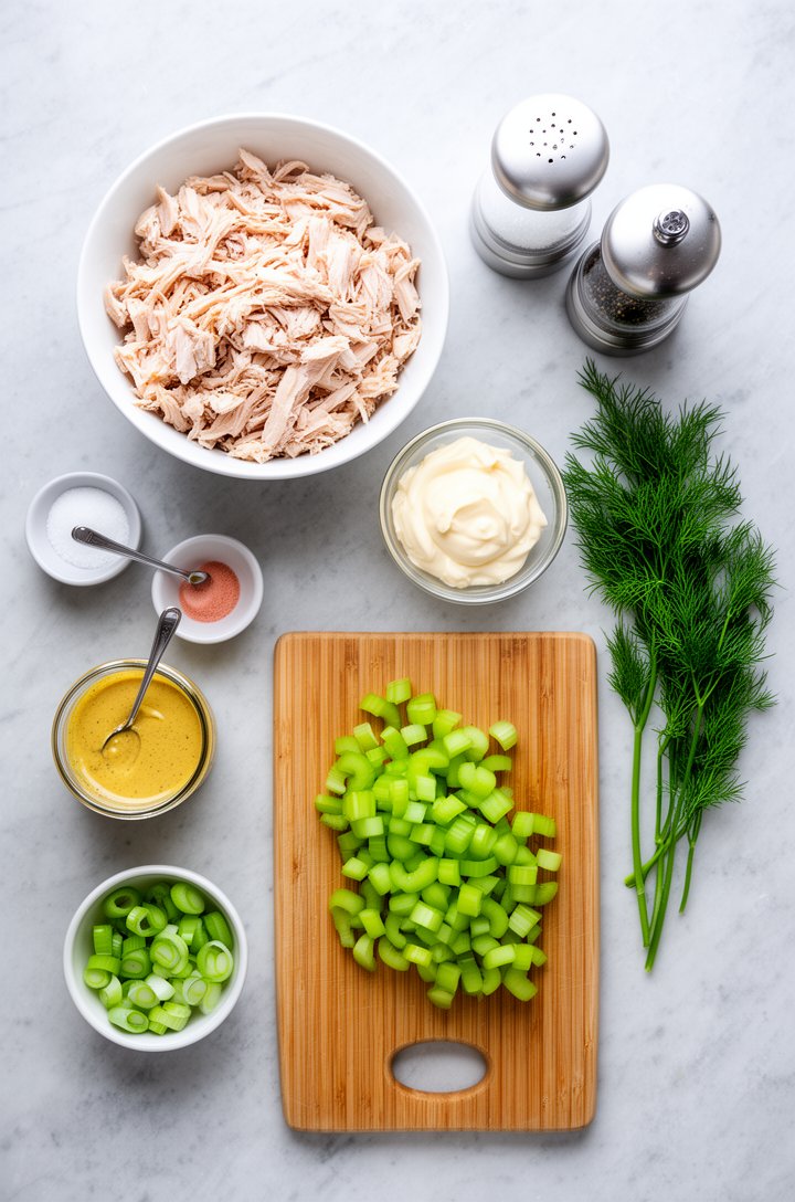 Overhead flat-lay of all chicken salad ingredients arranged on a light gray marble surface — a white bowl of chopped cooked chicken, a small glass bowl of mayonnaise, diced celery on a wooden cutting 