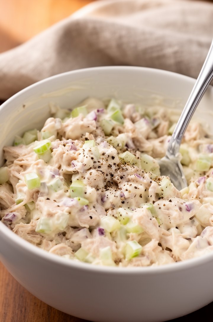 Close-up 45-degree angle shot of chicken salad being mixed in a white ceramic bowl with a silver spoon, creamy mayonnaise coating chunky pieces of chopped chicken with visible diced pale green celery 
