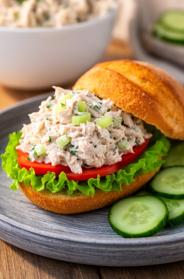 Side-angle close-up of an open-face chicken salad sandwich on a golden toasted crusty roll sitting on a rustic gray wooden plate, a generous mound of creamy chicken salad piled high on top of vibrant 