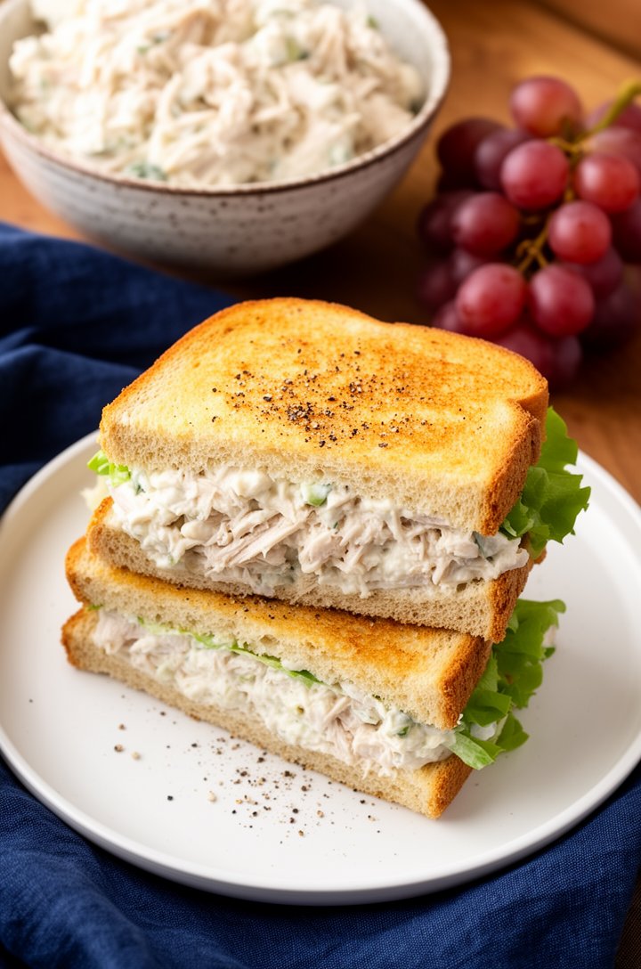 Overhead shot of two chicken salad sandwich halves stacked on top of each other on a white plate, the cross-section showing thick layers of creamy chicken salad between golden toasted bread with green