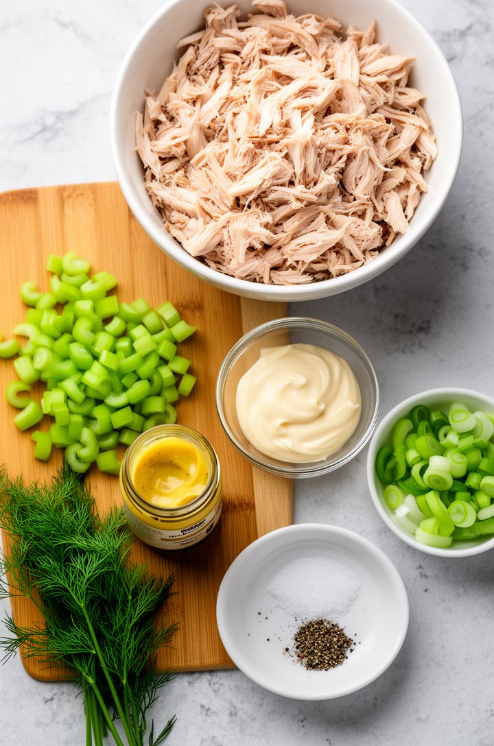 Overhead flat-lay of raw ingredients for chicken salad laid out on a light gray marble countertop — a large white bowl of chopped cooked chicken breast pieces, a small clear bowl of mayonnaise, freshly diced celery on a bamboo cutting board, sliced green onion in a small white prep bowl, a jar of Dijon mustard, fresh dill sprigs, salt and pepper, bright even natural overhead lighting, clean organized food prep styling