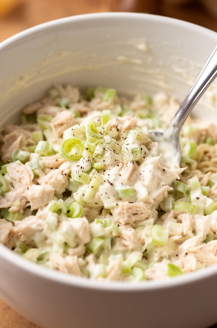 45-degree angle close-up of a medium white mixing bowl with all chicken salad ingredients being folded together with a silver spoon, chunky pale chicken pieces coated in creamy white mayonnaise with visible pieces of pale green celery and thin green onion rings throughout, specks of cracked black pepper, warm natural side lighting, kitchen counter background softly blurred