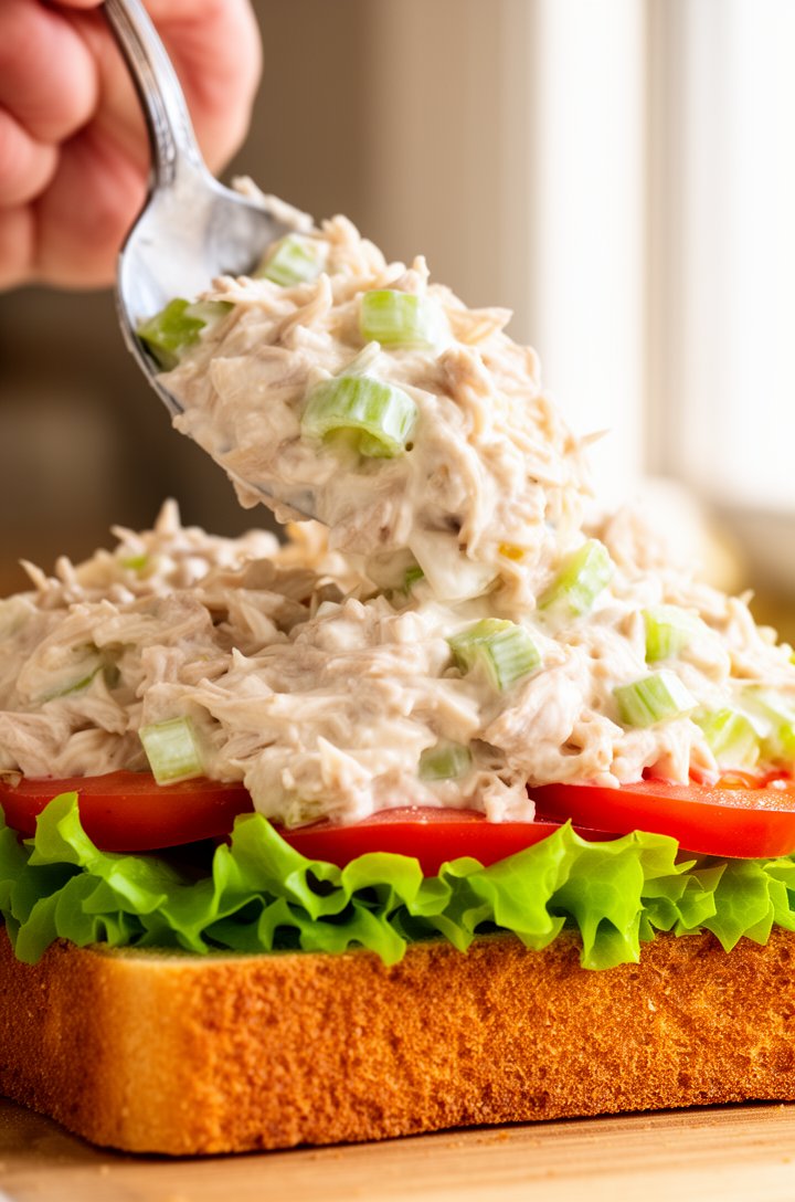 Close-up shot of a hand scooping a large spoonful of chilled chicken salad onto a piece of toasted golden-brown bread that already has a layer of crisp green leaf lettuce and red tomato slices, the chicken salad is thick and creamy with visible celery pieces, bright natural kitchen lighting from the right side