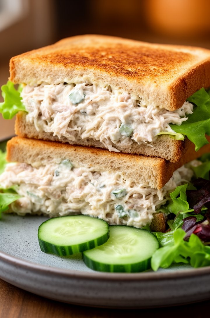 Final plated chicken salad sandwich cut in half and stacked showing the generous filling, on a rustic gray ceramic plate with cucumber slices and a small side salad, the creamy chicken salad is piled high between toasted bread with lettuce peeking out the sides, warm natural window lighting, shallow depth of field with a soft bokeh background