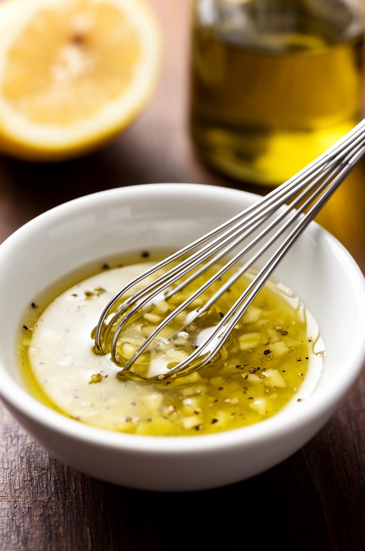 Close-up 45-degree angle shot of lemon garlic dressing being whisked together in a small white ceramic bowl. Golden olive oil swirling with fresh lemon juice, tiny pieces of minced garlic visible, fle