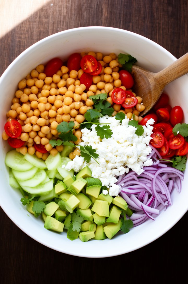 Overhead shot of all chickpea salad ingredients combined in a large white ceramic bowl before dressing is added. Golden chickpeas mixed with bright red halved cherry tomatoes, pale green cucumber half